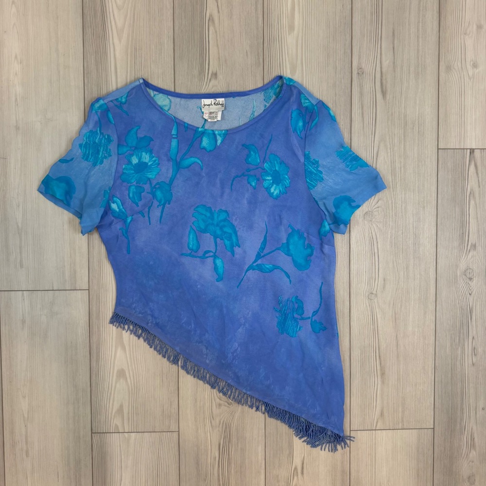 Joseph Ribkoff Blue Floral Burnout Asymmetric Beaded Fringe Top Size 16